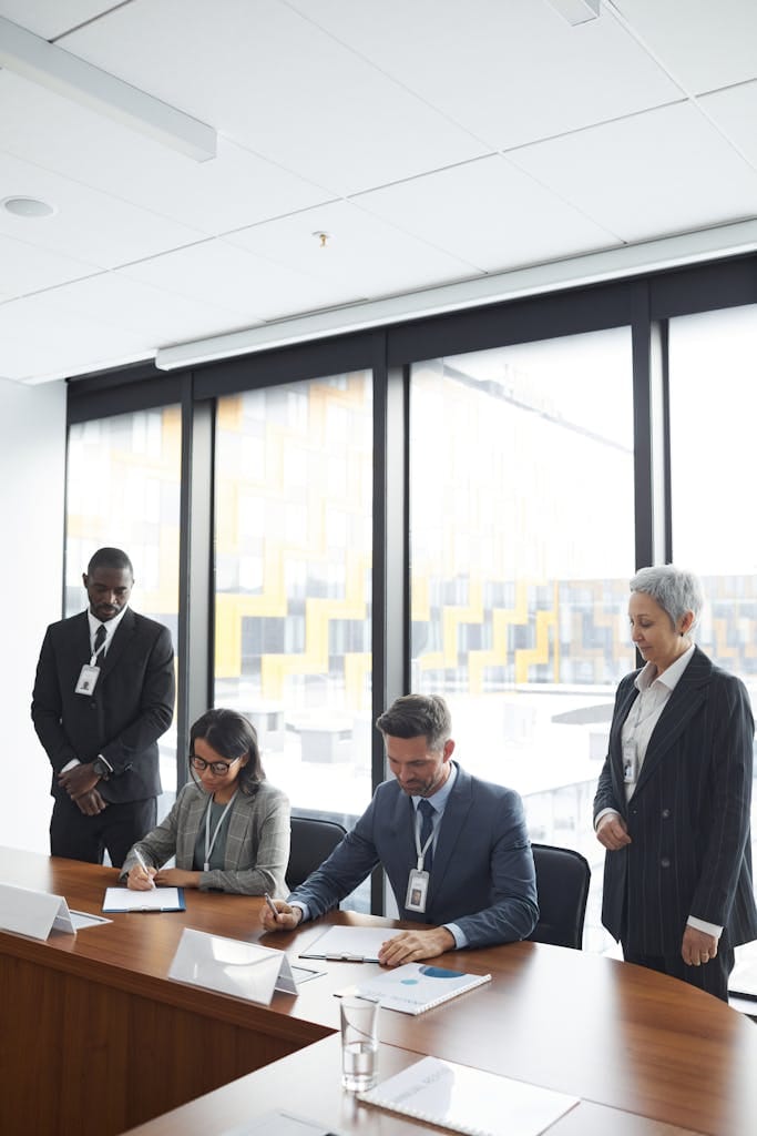 Media & Entertainment 14 A diverse business team signing contracts in a modern conference room with a cityscape view.