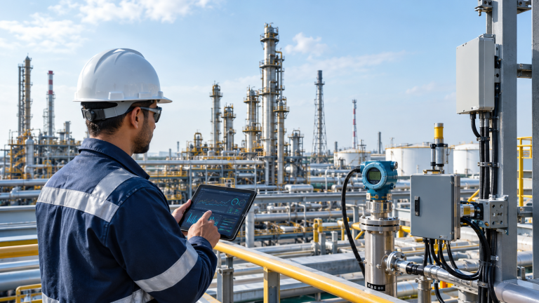 Oil and gas engineer monitoring digital operations at a refinery